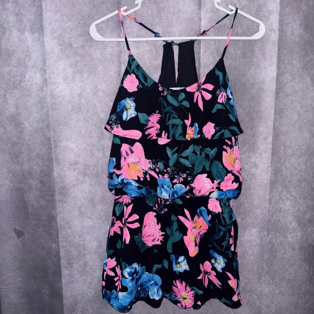 MINE Anthropologie Women Small Black Floral Racerback Romper Tropical Boho